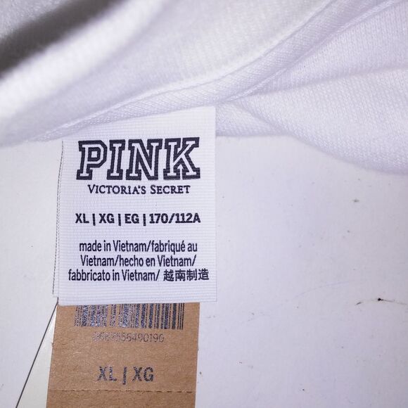 Victoria Secret PINK Sweater XL Terry Cloth Logo White Solid Long Sleeve V Neck - Picture 7 of 9
